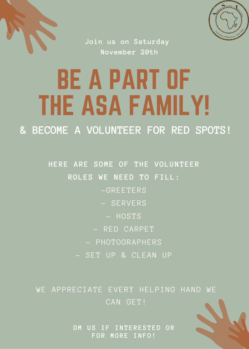 Looking for Red Spots volunteers. Message or dm us on insta @asaumn if interested! We can’t wait to see you there!! 🤍