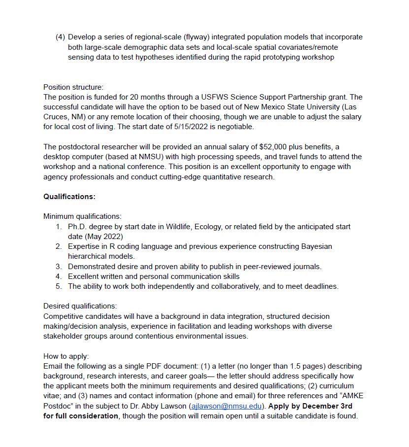 Abby Lawson (@abslawson) on Twitter photo Please RT! I'm recruiting a postdoc to work on American kestrel hierarchical modeling and #DecisionAnalysis to address popl'n declines 🦅📉
Postdoc will work with a fantastic team including @howell_pe <a href="/Robinoj/">Robíňo Janků</a> and <a href="/USFWSBirds/">USFWS Migratory Birds</a> + Science Apps
Job board: wfscjobs.tamu.edu/jobs/post-doc-… Please RT! I'm recruiting a postdoc to work on American kestrel hierarchical modeling and #DecisionAnalysis to address popl'n declines 🦅📉
Postdoc will work with a fantastic team including @howell_pe <a href="/Robinoj/">Robíňo Janků</a> and <a href="/USFWSBirds/">USFWS Migratory Birds</a> + Science Apps
Job board: wfscjobs.tamu.edu/jobs/post-doc-…
