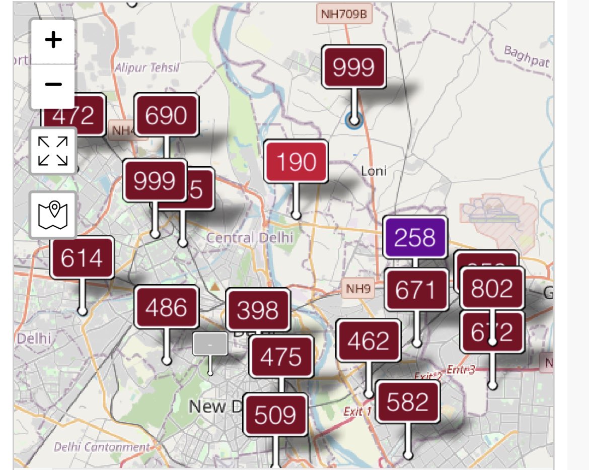 Iyervval's tweet photo. Here’s the air quality map of Delhi. Ghaziabad is up to 999 - parts of Delhi are worse than during Diwali. Just a question to journalists and the Supreme Court: planning on writing about this? Or still selective with facts? https://t.co/y5O2wJj5wT
