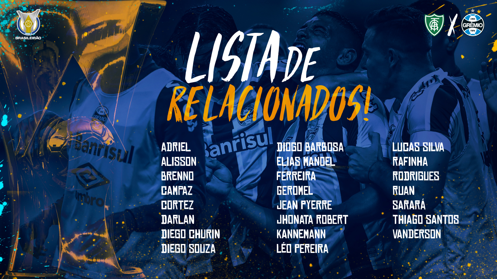 Confira a lista dos jogadores do Grêmio relacionados para este duelo diante do América. Fonte Grêmio FBPA/Twitter