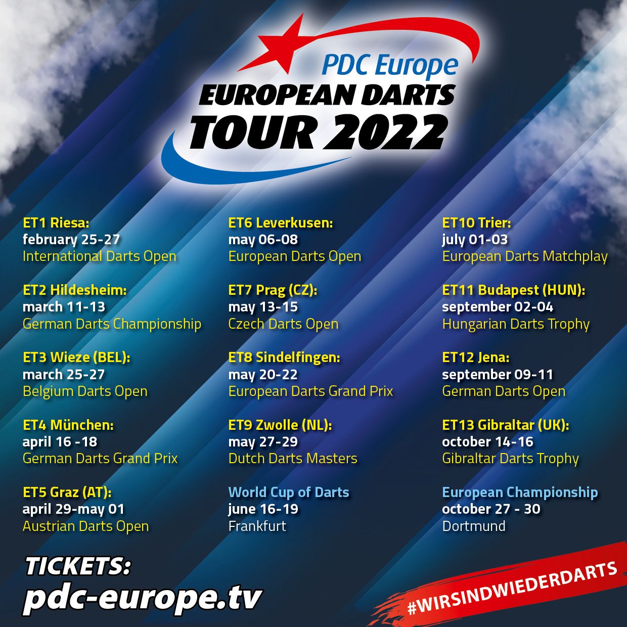 PDC Europe on Twitter: "The 2022 European Tour set!🎯🤩 The vast majority of tickets from the 2020 and 2021 European will remain valid for 2022. All current ticket holders will