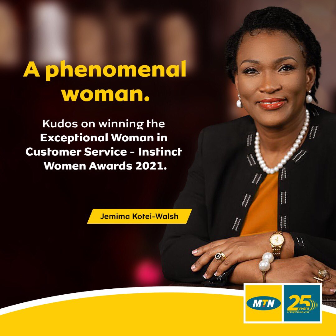 MTNGhana's tweet photo. Congratulations Jemima Kotei-Walsh on winning the Exceptional Woman in Customer Service at the Instinct Women Awards 2021. 

Truly a phenomenal woman. We are proud of you. #GoodTogether https://t.co/JGS5msVVzB