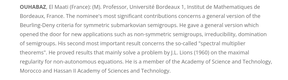 TWASnews's tweet photo. Congratulations to newly elected #TWASFellow #ElMaatiOuhabaz of #France, with Institut de Mathematiques de Bordeaux! He will be a #Fellow in #TWAS #MathematicalSciences section, starting in #January 2022.
https://t.co/cu5b4H6HQ1
#TWASGeneralConference https://t.co/lwqZ7Xlq6G