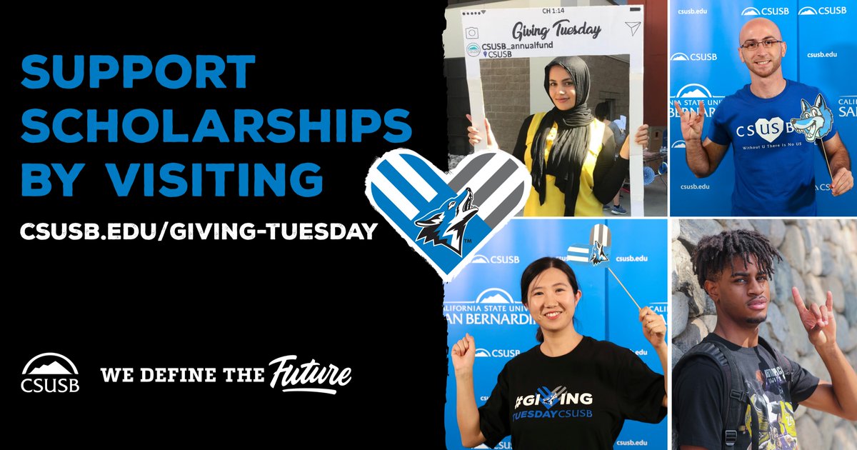 CSUSB_AG's tweet photo. Are you giving back this #GivingTuesdayCSUSB?
Remember, you can create a challenge or matching gift to help raise funds for student scholarships. More details at https://t.co/n6hjnBgia4. https://t.co/ulWAI4yPQL