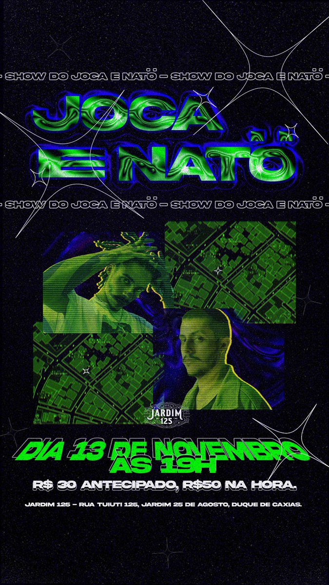grisvlho's tweet image. Rapaziada é isso, amanhã é dia:

JOCA e NATÖ no Jardim 125.

Ingressos antecipados a 30 reais no link na resposta desse tweet.

Falta pouco pra esgotar então vai ser incrível, obrigado quem já comprou e quem não comprou ainda dá tempo.