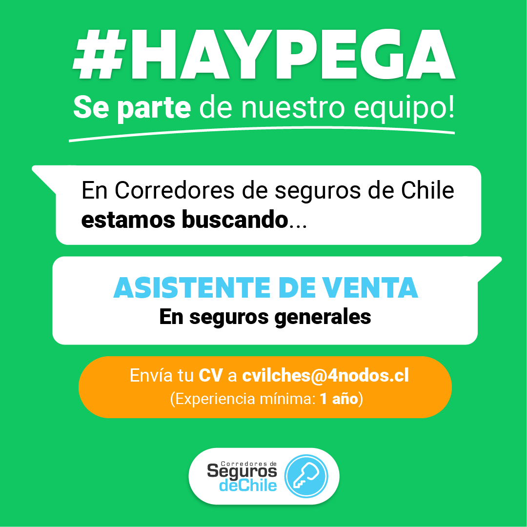 SEGUROSCSCH's tweet photo. Enviar CV a cvilches@4nodos.cl y en el asunto colocar “POSTULACIÓN ASISTENTE DE VENTAS DE SEGUROS”.
Comparte esta publicación #haypega #segurosdechile #csch #ejecutivosdeventas #segurosgenerales https://t.co/r5SDO1mavC