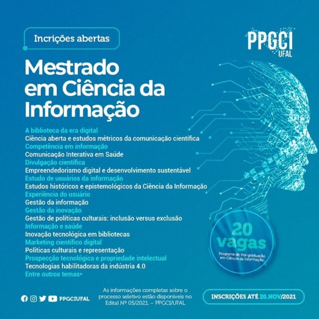 ltiufpb's tweet photo. ⚠️ Atenção! ⚠️

As inscrições para o Mestrado em Ciência da Informação no Programa de Pós-graduação em Ciência da Informação da Universidade Federal de Alagoas (PPGCI/UFAL), estão abertas até o dia 20 de novembro de 2021.

Saiba mais em: https://t.co/U5PTYcf4Qn https://t.co/hb1A3CAzTs