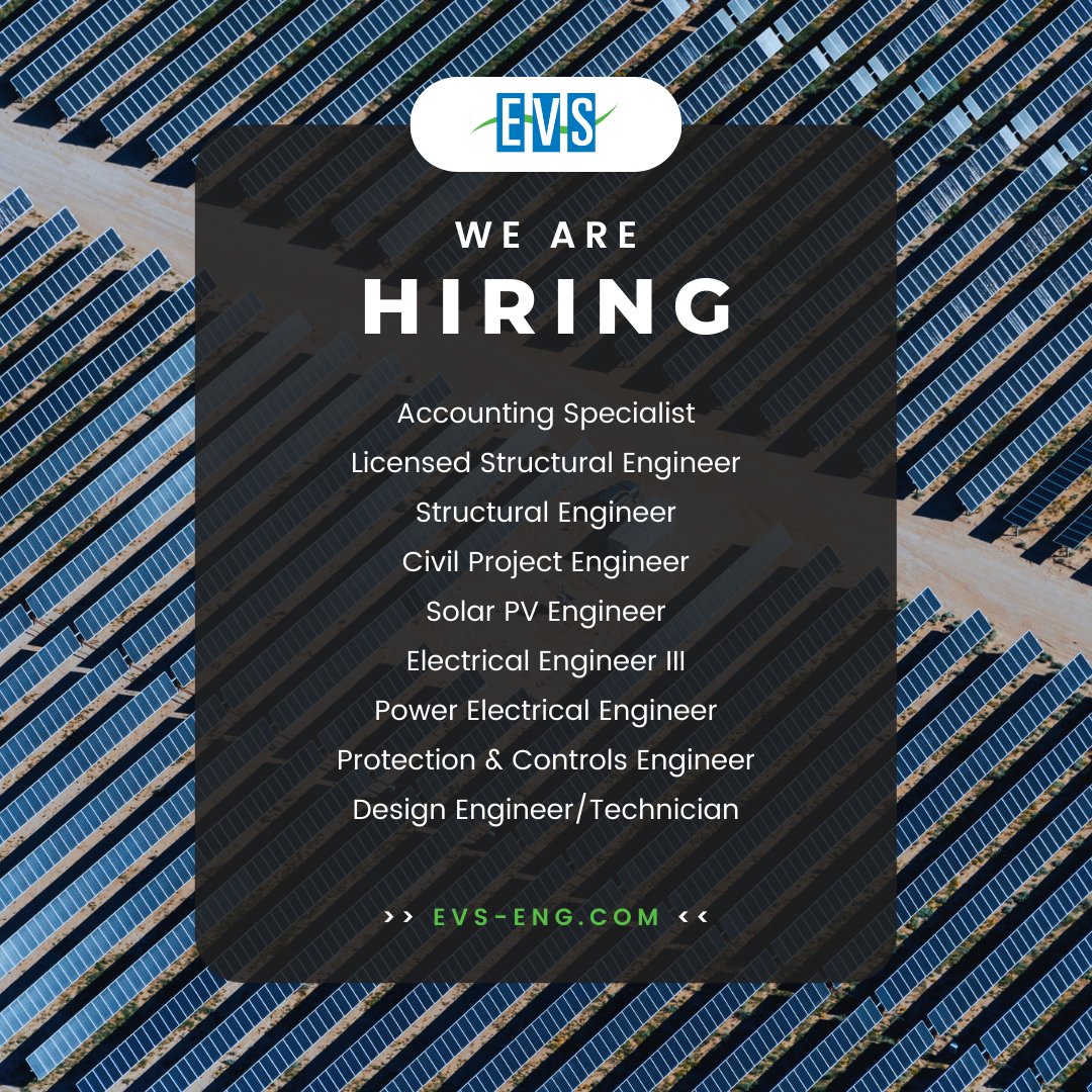 EVS_Engineering's tweet image. Are you looking for a new career? We are hiring! Apply to our open positions at evs-eng.com/careers  #hiring #careers #careersinenergy #accounting #engineering #electricalengineering #civilengineering #structuralengineering #solarenergy #solarpower #solar #renewableenergy