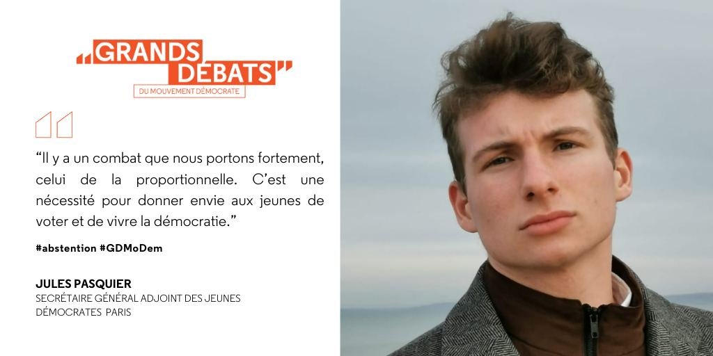 MoDem's tweet photo. 🗣️ "Il y a un combat que nous portons fortement au @MoDem et @J_Democrates, celui de la #proportionnelle. C'est une nécessité pour donner envie aux jeunes de voter et de vivre la démocratie." @JulesPasquier18
#GDMoDem #Abstention https://t.co/sjnD8zvvUI