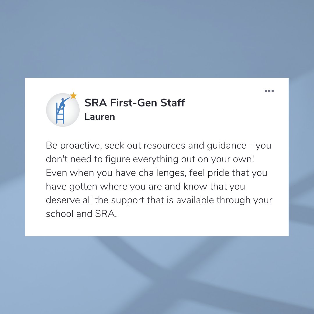 SRAprogram's tweet image. National First-Generation College Celebration Week is coming to an end, but as SRA we are full of #firstgenpride all year round! 🌟Check out the advice from incredible First-Gen staff at SRA 

#FirstGenCelebrationWeek #FirstGenPride #StudentsRisingAbove #College #FirstGeneration