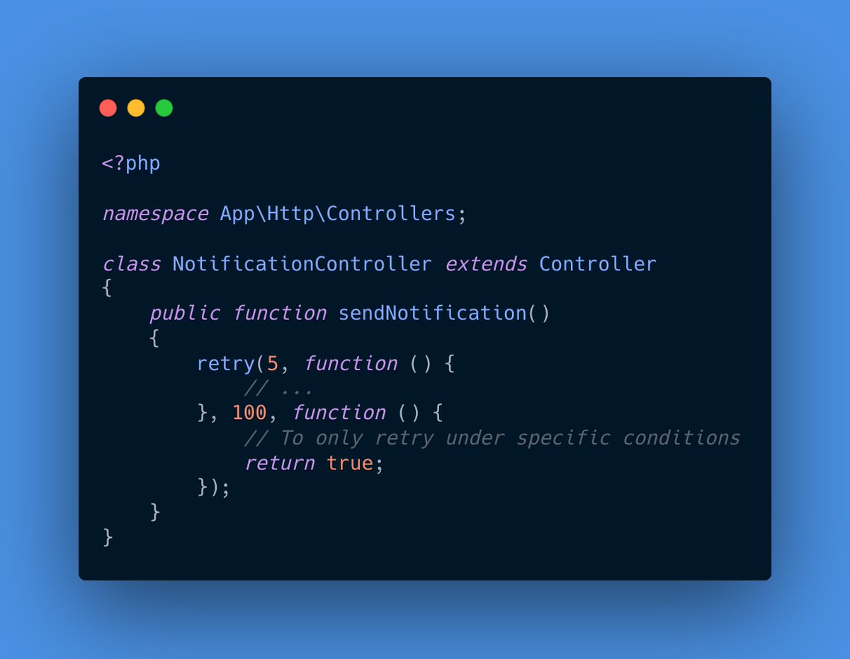 The retry function attempts to execute the given callback until the given maximum attempt threshold is met.If the callback doesn't throw an exception, its return value will be returned.If the callback throws an exception, it will automatically be retried.
#Laravel #PHP #Teacoders