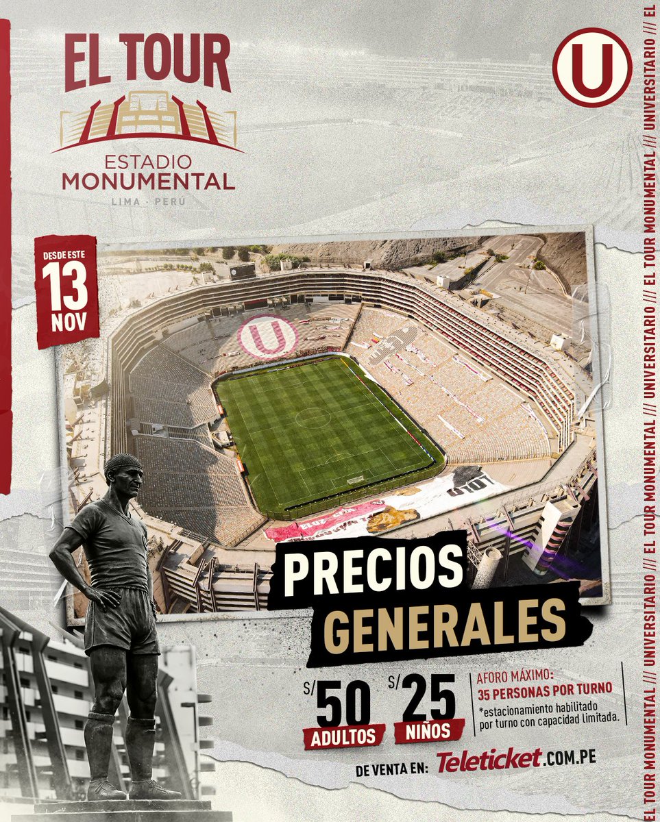 Universitario's tweet photo. ¡Conoce nuestro legado histórico! 🏟️

Hincha merengue, sé parte del Tour Monumental y vive un recorrido lleno de identidad e historia crema desde nuestra casa. ¡Quedan pocas fechas! #VolvemosANuestrasRaíces

Compra tus entradas aquí ▶️ https://t.co/5SNbvxETqR

#YdaleU https://t.co/7TxnyDZKFA