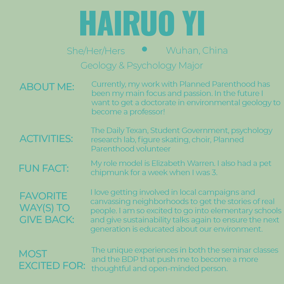 UT_Rapoport's tweet photo. Meet Hairuo Yi, a Geology and Psychology major from Wuhan, China and a part of our new class of Rapoport Scholars! Swipe to learn more about Hairuo and her passion for working with Planned Parenthood and goals of becoming a professor. #UT #UT2024 https://t.co/U7dWu9E1fa