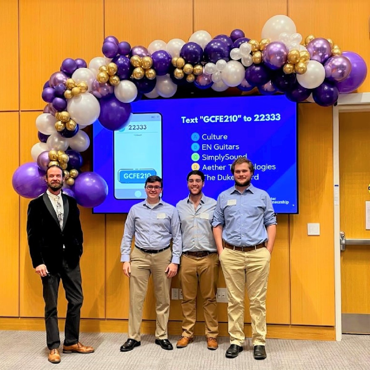 JMUGCFE's tweet image. What a great night! Robert Aguillen won the $1000 Fallon scholarship for his idea on affordable ergonomic guitars for the average player! The crowd's favorite was Christian Bowman, Zane Luker, &amp;amp; William Connor's idea to protect farmers' hearing while speaking to each other.