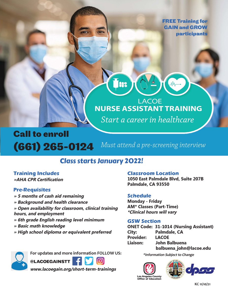 Call to Enroll - Nurse Assistant Training ⚕️

Classes start in January, the program location is Palmdale, CA 📍 FREE Training for GAIN and GROW participants. See flyer for details and contact information. #lacoegainstt #medicalfield #training #jobs