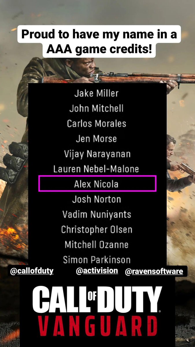 AlexNicola07's tweet photo. Great feeling to have my name in the credits
@CallofDuty @Activision @RavenSoftware https://t.co/jQBH37snEd
