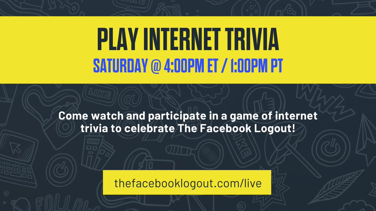 KairosFellows's tweet photo. Celebrate with us Sat., Nov 13 –– the last day of the Facebook Logout! Join special guest contestants in a game of trivia! We’re thankful for all the pledgers & over 40 orgs who’ve supported The Logout including @accountabletech @ACREcampaigns @dailykos @MoveOn & @UltraViolet https://t.co/Qggm2EpZS7