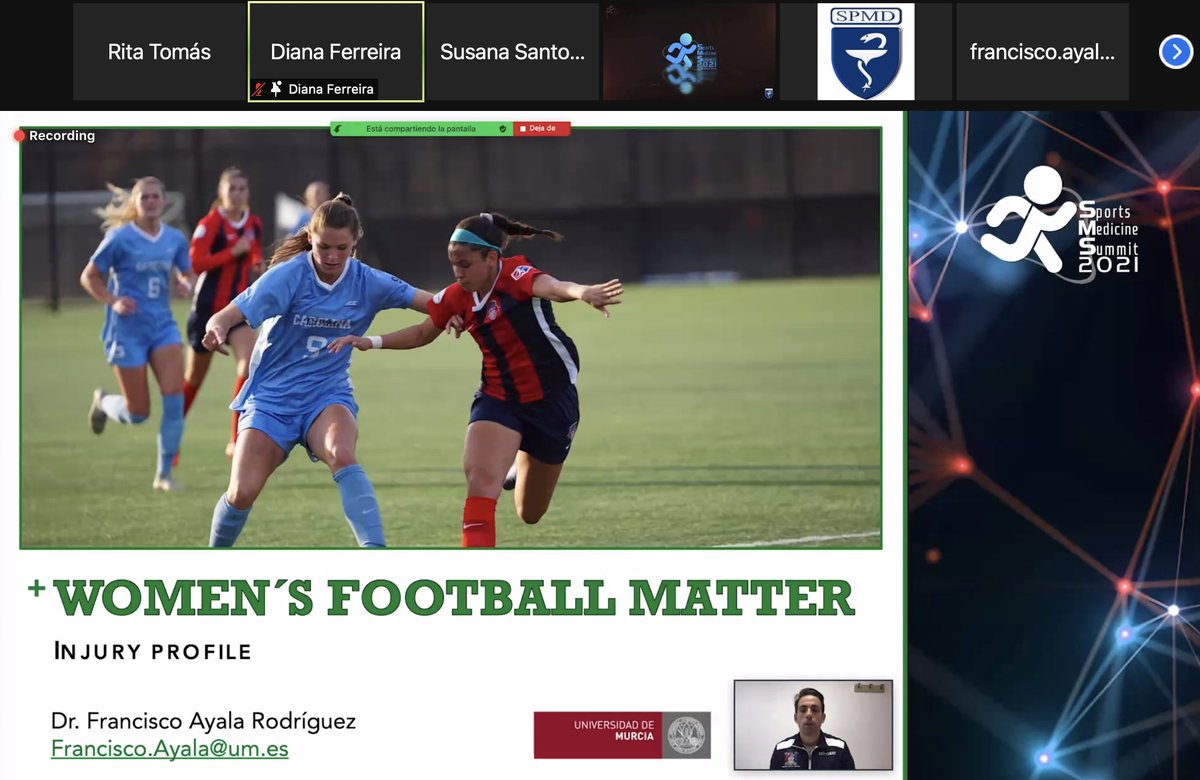 rtomasmd's tweet image. Now it&apos;s time to talk about: &quot;Injury profile in women’s football&quot; with @FranAyalaRodri, Universidad de Murcia, Murcia, Spain 🇪🇸 👏👏👏👏
@spmdesp #SMS2021
