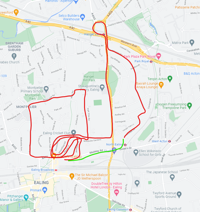 jamesabrook's tweet photo. Hurrah, they've made it! Rough depiction of their route versus what they needed to do (changed my actual address) https://t.co/D6KwiTWoyq