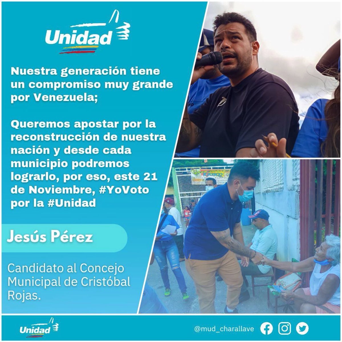 mudcharallave1's tweet photo. Jesús Perez representa la generación del futuro, con liderazgos políticos y sociales cargados de gran sensibilidad para su pueblo. Su sueño es ver una Venezuela de oportunidades y libertades. Aspira al Concejo Municipal, apóyalo.
Por eso, este #21Nov #YoVoto #YoVotoUnidad https://t.co/QhA8PGkRXc