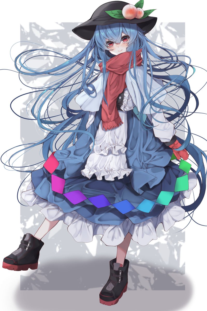 hinanawi tenshi 1girl solo long hair red eyes red scarf blue hair scarf  illustration images