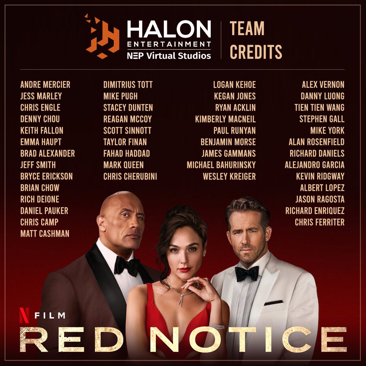 halonprevis's tweet photo. To celebrate the release of Netflix’s Red Notice today, we would be remiss not to recognize the members of our team that worked on this amazing project! Red Notice was one of our favorite films to work on over the last year. Enjoy! #RedNotice #halonentertainment #visualization https://t.co/Iz8wXVRmhP
