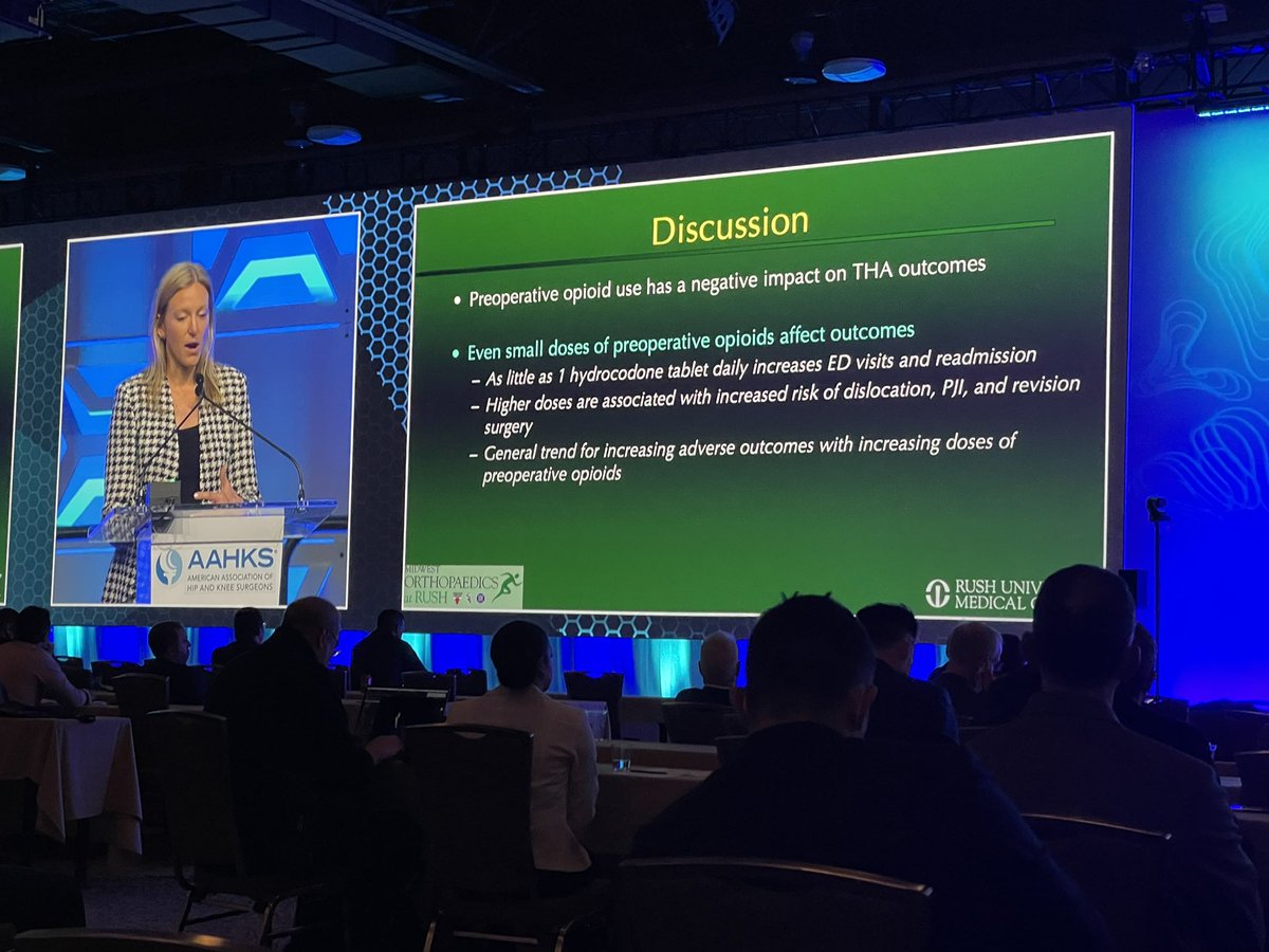 JArthroplasty's tweet photo. Live from AAHKS: study from @MOR_Docs showed that patients taking as little as 1 5mg hydrocodone pill prior to THA had an increased risk of ED visits and readmissions. What do you do to decrease post op complications in patients on opioid preop?? https://t.co/kHUif4qhGK
