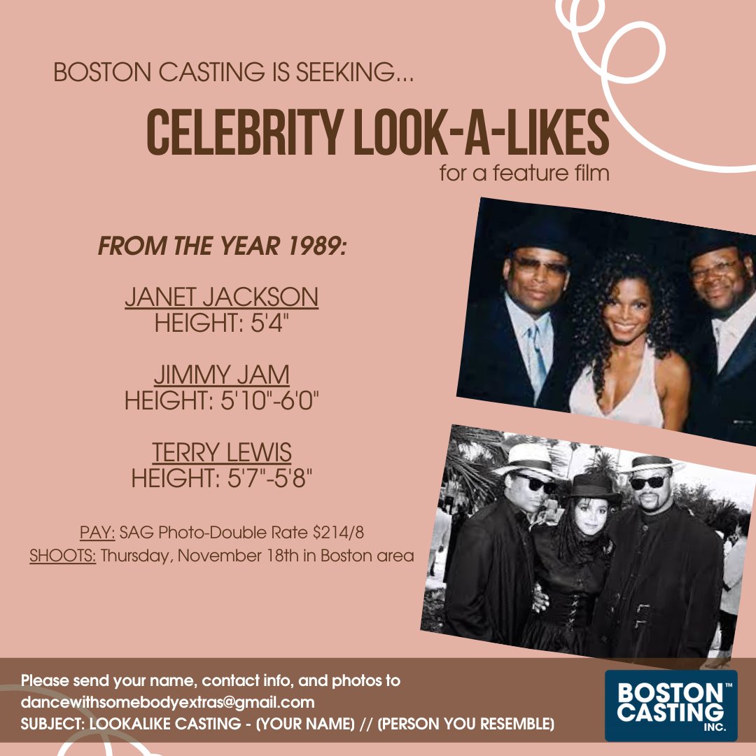 BostonCasting's tweet photo. SEEKING: Look-A-Likes Janet Jackson, Jimmy Jam, and Terry Lewis from 1989 ⭐️ https://t.co/RjYGl5ciiy