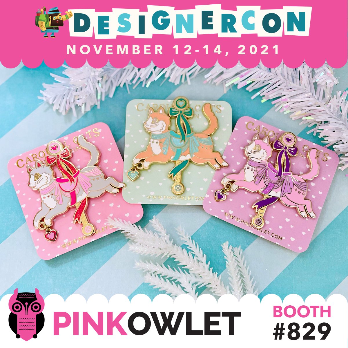 PinkOwletArt's tweet photo. DesignerCon sneak peek! Carousle cats enamel pin with heart charms. Time to come on down to Anaheim and do some Christmas shopping.
#designercon #pinkowlet #enamelpins #pinshow #artshow #toyshow #designercon2021 https://t.co/SzVhDXKym8