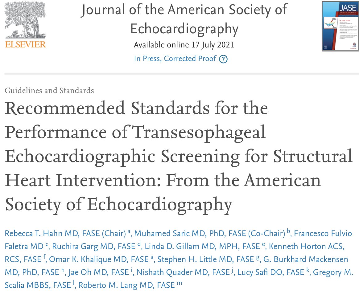 Hot off the press! Recommended Standards for the Performance of Transesophageal Echocardiographic Screening for Structural Heart Intervention! Thank you for the amazing opportunity to be part of this writing committee, congrats to all the co-authors!

bit.ly/3olA82V