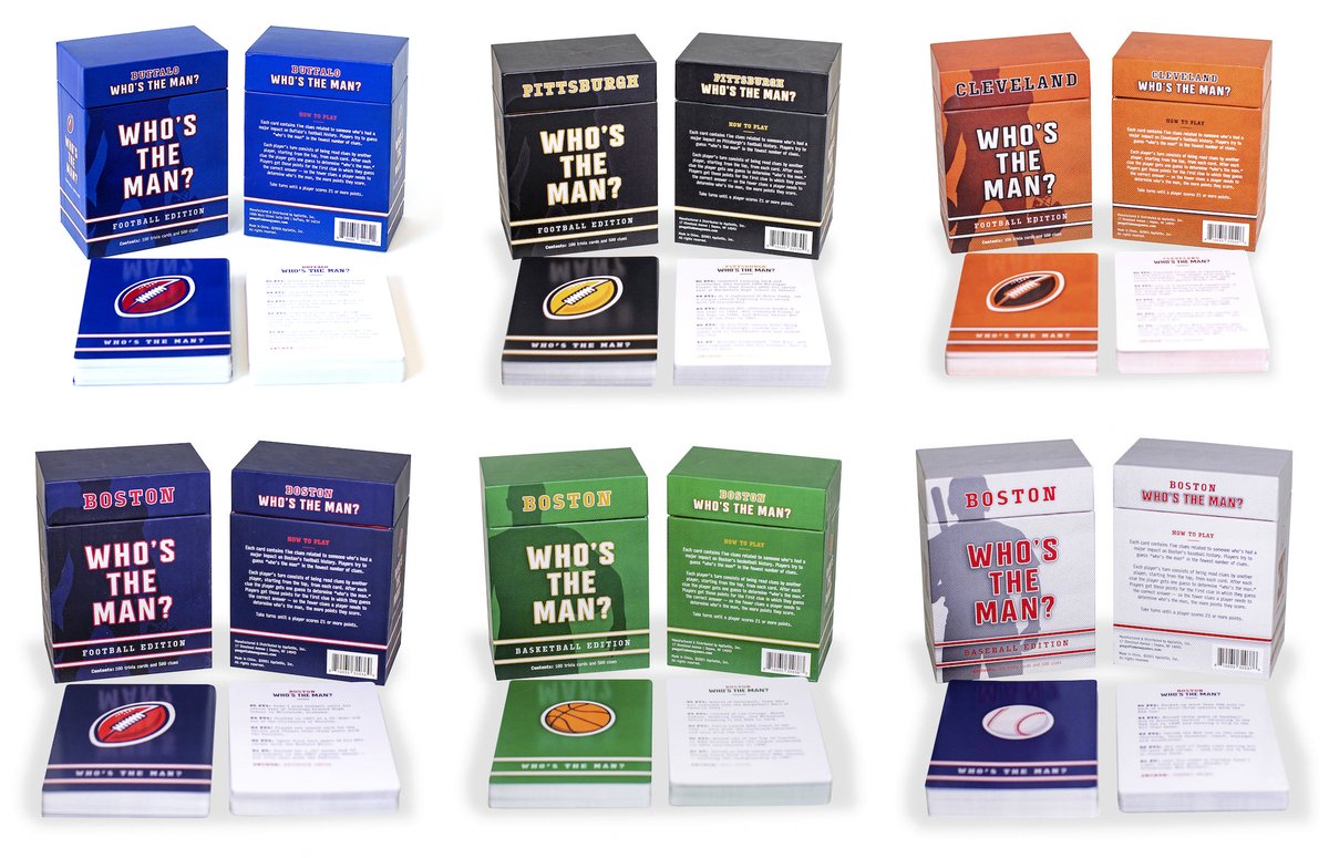 GottaKnowGames's tweet photo. We've just launched FIVE new versions of our best selling "Who's the Man?" sports trivia game!  Pittsburgh Football, Cleveland Football, Boston Football, Boston Baseball, and Boston Basketball! Order on Amazon NOW -> https://t.co/yhgXTeN8LN https://t.co/YH39s5yTty