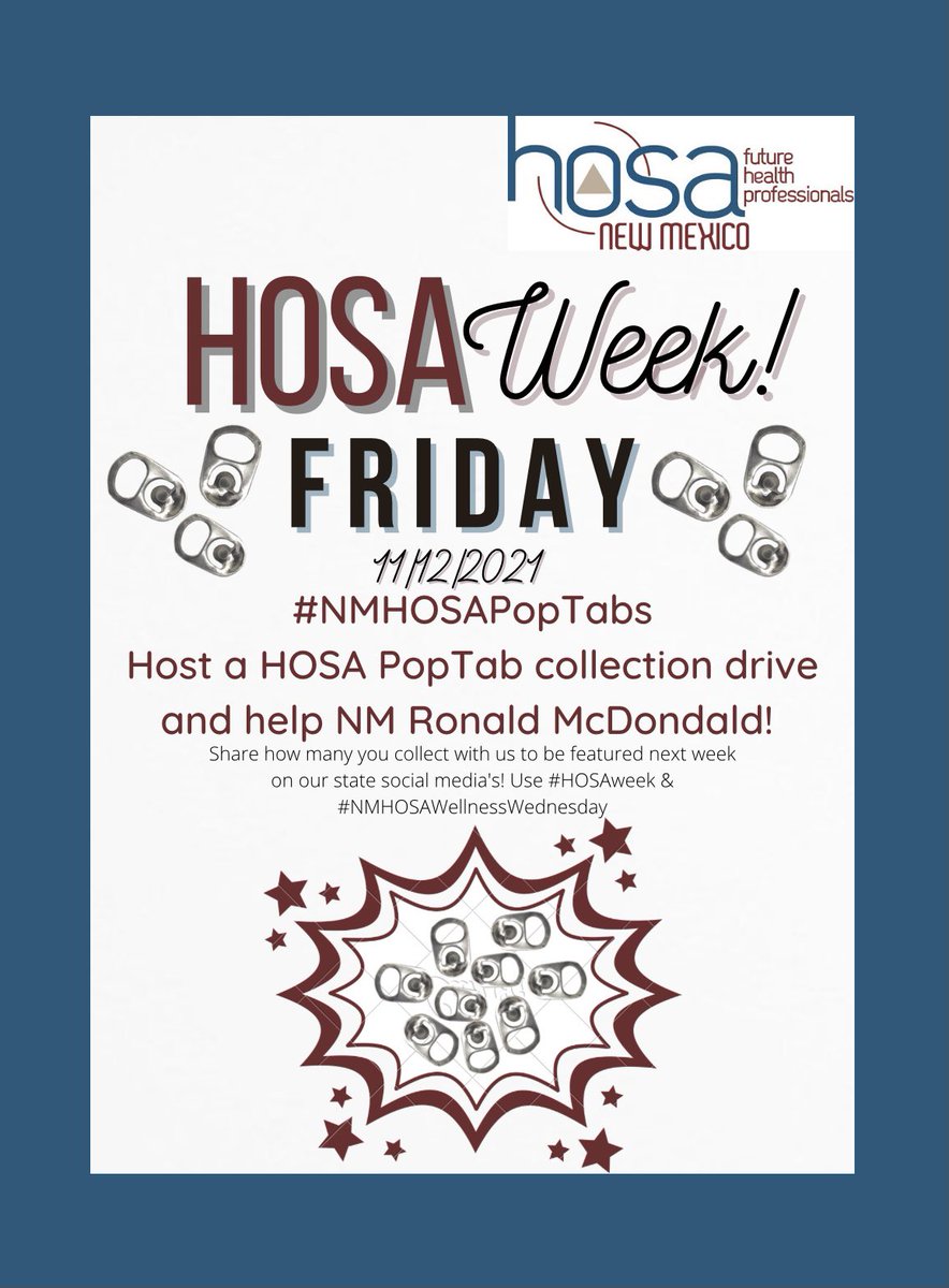 NMHOSA's tweet photo. Day 6 of HOSA week!🚨
Today is Friday, you know what that means 🥳 As part of our spirit week today’s # is #NMHOSAPopTab!⏳ Please share how many you collect with us! ✨Post your pictures using #HOSAweek & #NMHOSAPopTabs to be featured next week, or send it to us!🤗🤩 https://t.co/54Ng38AfUh