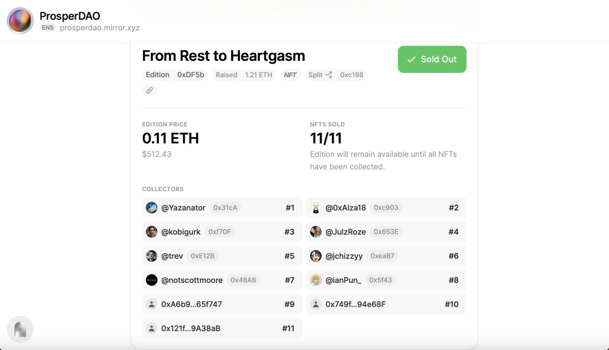 ProsperDao's tweet photo. All 11 of the NFT editions made by @adrisonic @someorsalt + @gabriellemic are now SOLD OUT on @viamirror!

Collectors:
@Yazanator
@0xAlza18
@kobigurk
@JulzRoze
@trev
@jchizzyy
@notscottmoore
@ianPun_
@obernardovieira
@viktorliu01 
+ 1 anon soul👤

Thank you all sm for the support https://t.co/axa3wkpYFb