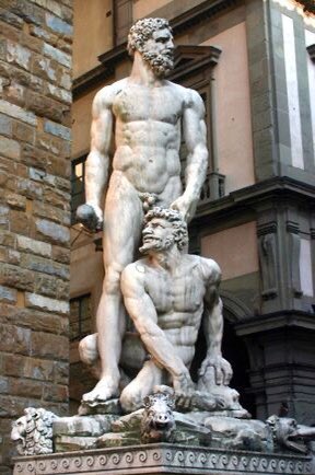 Hercules and Cacus', 1525-1534. White marble statue at entrance to Palazzo Vecchio, Piazza della Signoria, Florence, Italy. Baccio Bandinelli (1493-1560) Florentine artist. 
#ieda
