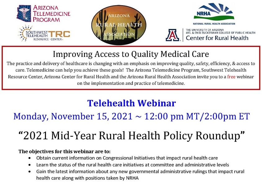 TelehealthAZ's tweet photo. Please join us Monday for our annual Mid-Year Rural Health Policy Roundup with Alan Morgan, CEO of the National Rural Health Association Monday November 15, 2021 @12pm MT
https://t.co/Re0UHQqQkG
@UAZATP @UACRH @SWTRC1 @TheNCTRC @AmericanTelemed https://t.co/2rQtbEby86