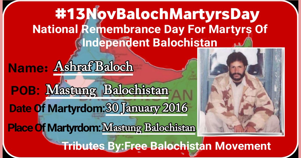 martyrsbaloch2's tweet photo. #13NovBalochMartyrsDay
Name: Martyr Ashraf Baloch
Place of birth:Mastung Balochistan
Place of Martyrdom: Mastung Balochistan
Date of Martyrdom: 30 January 2016
#Tributesby
#FreeBalochistanMovement
#FBM https://t.co/0ZV4abArPP