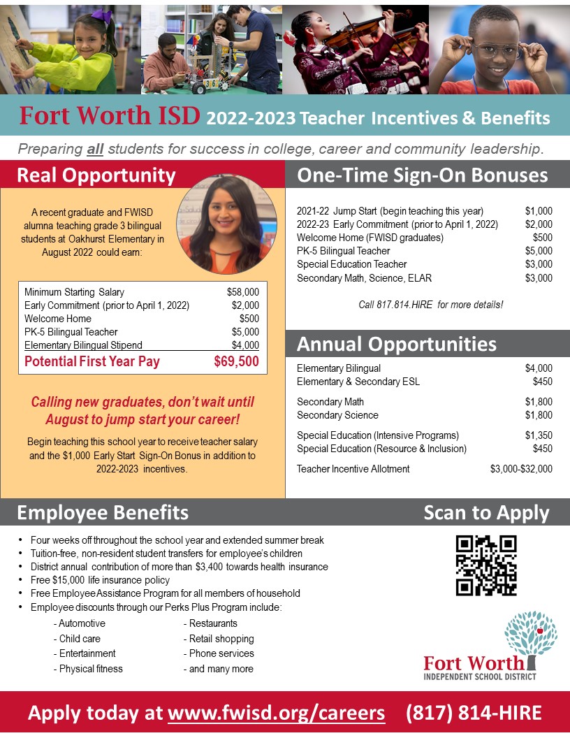 Talent Management is #ThinkingDifferently with 2022-23 Teacher Hiring Incentives that allow you to jump start your career this school year. Check out fwisd.org/careers to learn more about how to join the team in <a href="/FortWorthISD/">Fort Worth Independent School District</a>. Opportunity is knocking!