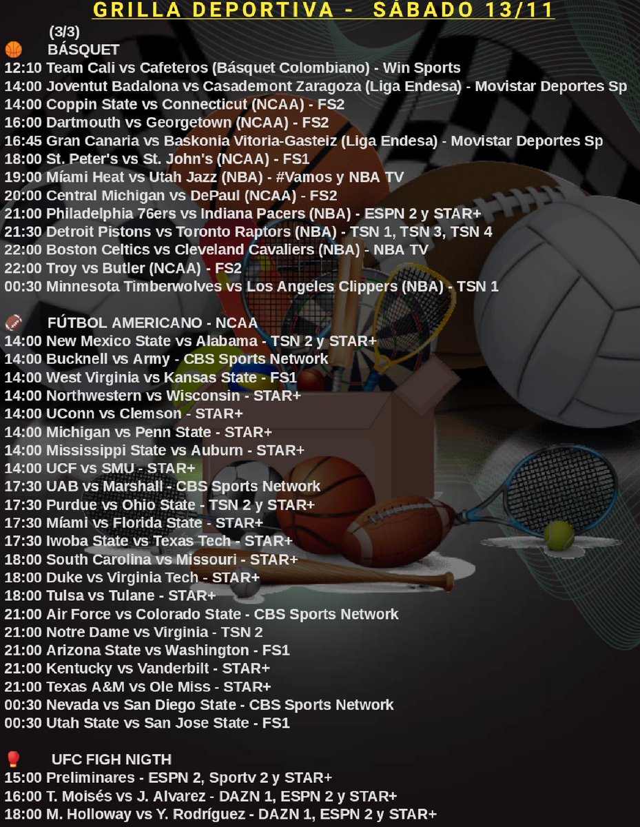 Christian_Kiese's tweet photo. Grilla Deportiva - Sábado 13/11
⚽ 61 partidos
🏁 #Moto3 #MotoGp #Moto2
🏉 #TestMatch #URBA #Top8 #URU
🎾 #ATPEstocolmo #ATPNextGen #ATPUruguay #WTAGuadalajara
🏁 #F1 #GPBrazil
🏀 #BasketCol #LigaEndesa #NCAA #NBA75
🏈 #NCAA
🥊 #UFCFightNight
📺 @tvboxpy https://t.co/7sNxn5dWGk