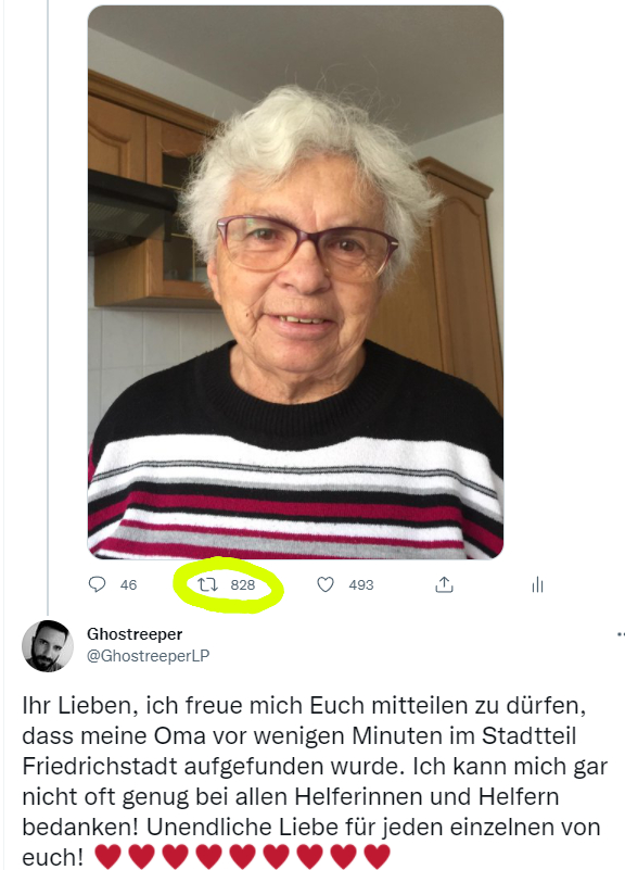 GhostreeperLP's tweet photo. Da die Vermisst Meldung immer noch wie verrückt geteilt wird, meine Oma aber inzwischen wieder da ist, muss ich den tweet löschen und hinterlasse euch als Dank einen Screenshot vom aktuellen Stand. ♥♥♥♥♥ https://t.co/5Gbf1AlBnH