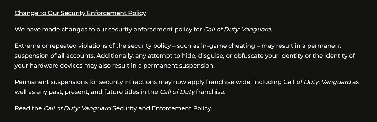 WarzoneAlerts's tweet image. 🚨Anti-Cheat News🚨

👉 An UPDATE has been Released on the #CallofDuty RICOCHET Anti-Cheat, noting that a BAN on one game is a ban on all games!