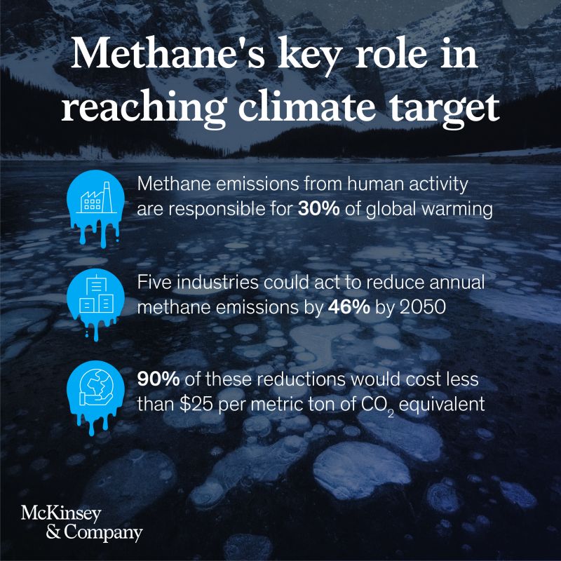 McKinsey's tweet photo. Methane emissions from human activity are responsible for 30% of global warming.

The good news: 5 key industries have the potential to turn things around.

Find out what they can do: