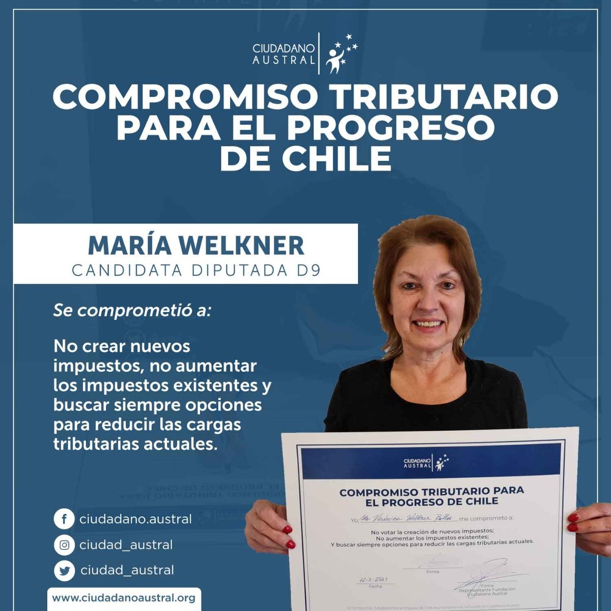 ciudad_austral's tweet photo. La siguiente candidata a diputada en firmar el Compromiso Tributario para el Progreso de Chile de Ciudadano Austral, en el distrito 9 es @VeronicaWelkner

Invitamos a los demás candidatos a diputado, senador y presidente a firmar el #CompromisoTributario⁠
#hazteciudadanoaustral https://t.co/IUQjJnHjmB