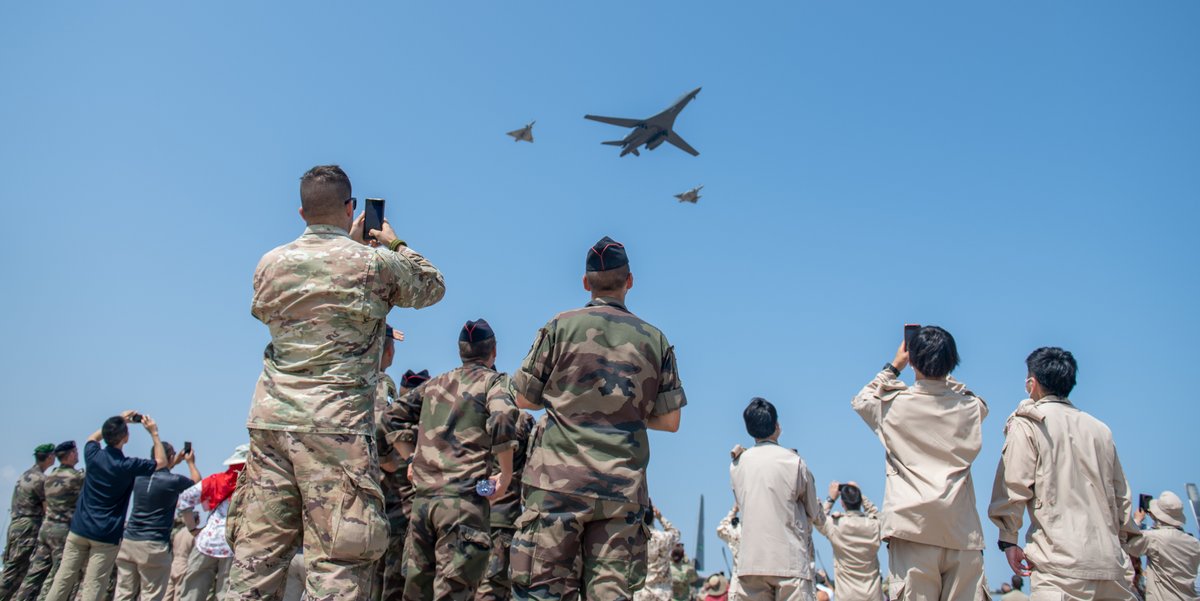 USNavy's tweet photo. What an event! ⚓ 🙌 ⚓ 🇩🇯 🇫🇷 🇬🇧 🇪🇸 🇯🇵 🇮🇹 
#NavyPartnerships 

Nearly 200 guests and senior leaders representing Djibouti, France, the U.K., Spain, Japan, Italy and the U.S. came together to witness a Bomber Task Force mission and participate in a variety of demonstrations. https://t.co/19xuMRKree