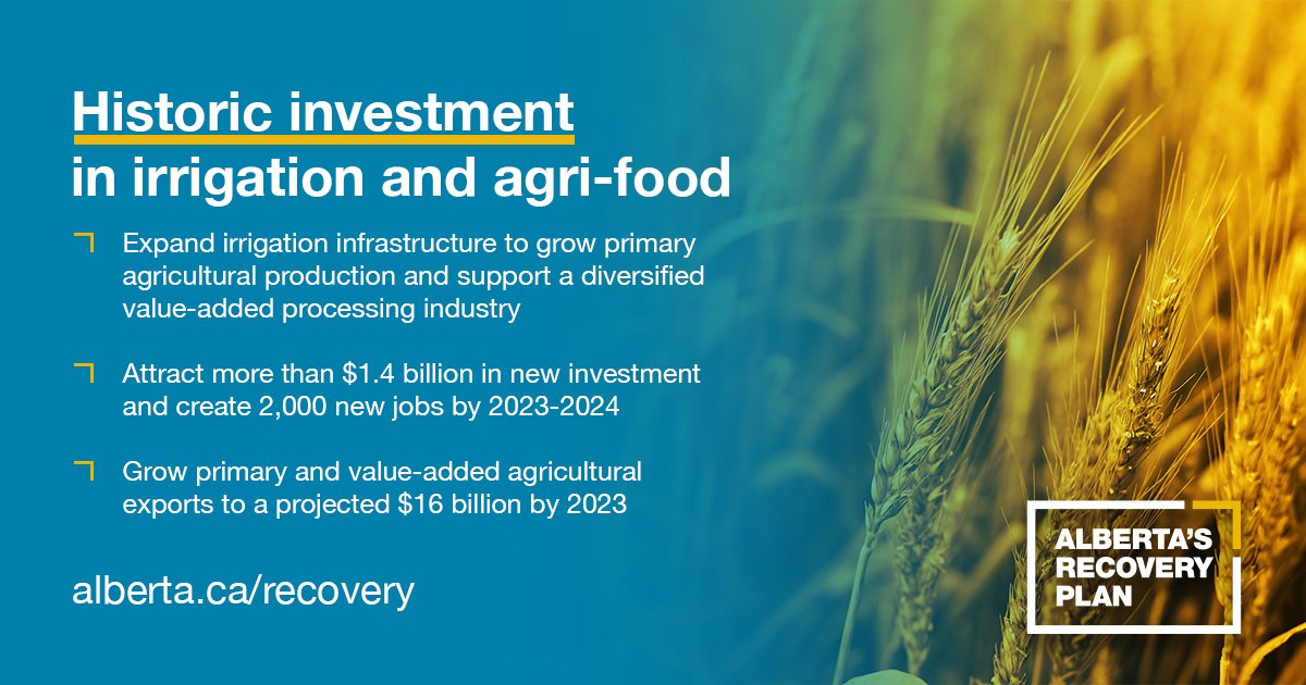 jkenney's tweet image. Capping off an amazing week of investment and economic news by announcing another $118 million for improving irrigation for Alberta’s farmers.

Alberta’s Recovery Plan 🏗 keeps delivering results!

➡ Read more: alberta.ca/release.cfm?xI…