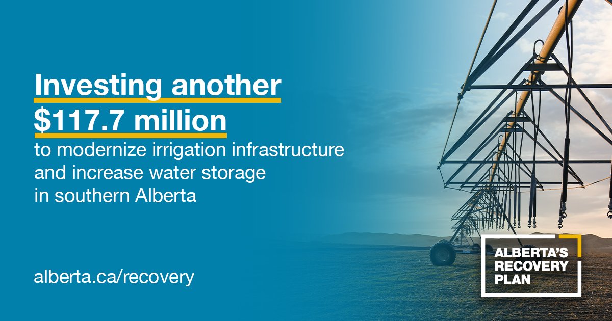 jkenney's tweet image. Capping off an amazing week of investment and economic news by announcing another $118 million for improving irrigation for Alberta’s farmers.

Alberta’s Recovery Plan 🏗 keeps delivering results!

➡ Read more: alberta.ca/release.cfm?xI…