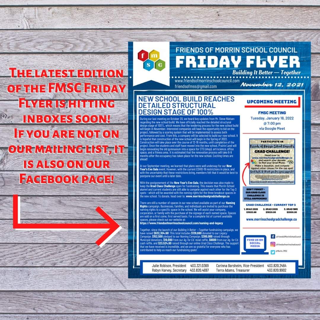 Morrin_FMSC's tweet photo. The latest edition of our 𝐅𝐌𝐒𝐂 𝐅𝐫𝐢𝐝𝐚𝐲 𝐅𝐥𝐲𝐞𝐫 is hitting inboxes soon!

Find the current 𝐅𝐫𝐢𝐝𝐚𝐲 𝐅𝐥𝐲𝐞𝐫 on Facebook in the album titled "Friday Flyers", as well as all of our previous newsletters.

#FMSC #BuildingItBetterTogether #MorrinProud https://t.co/wwJ5I6LvXN