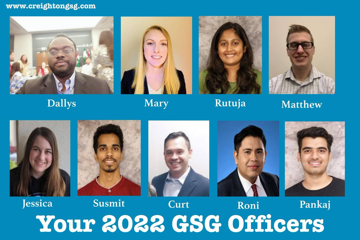 CreightonGsg's tweet photo. Meet your 2022 #creightongsg officers. We look forward to your support and participation whether you are in #Omaha or in other cities studying remotely. #creighton #jays #BlueJays https://t.co/4WGkSqlGph
