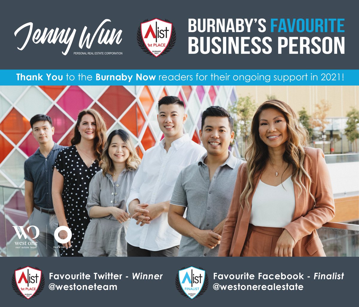 We are excited to announce for the 2nd year in a row Jenny Wun has been named Burnaby's FAVOURITE LOCAL BUSINESS PERSON in the A-LIST 2021 Awards by the readers of @BurnabyNOW_News! Congratulations to all of the other 2021 winners!
https://t.co/nxOChrNPOj https://t.co/SZOlel1BzD
