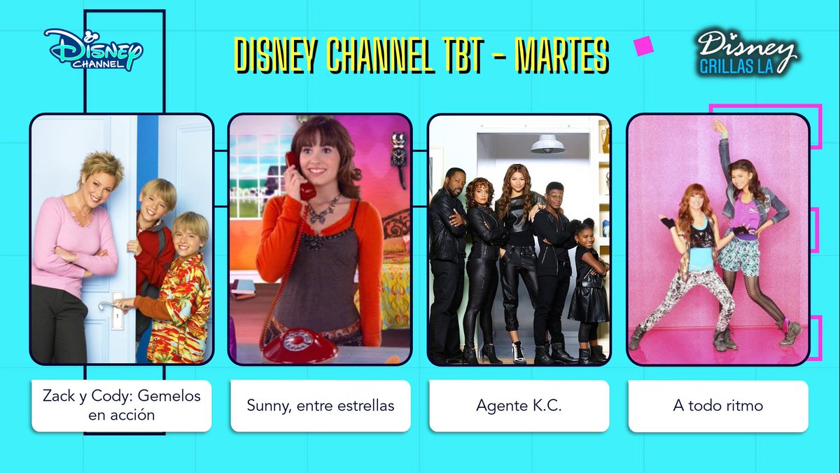 mundodymas's tweet photo. A partir de diciembre el bloque #DisneyChannelTBT se renueva y crece con tus series favoritas de Disney Channel.
- Martes
✅ #ZackYCody: Gemelos en acción
✅ #SunnyEntreEstrellas
✅ #AgenteKC
✅ #ATodoRitmo
🇵🇪 11am y 9pm
🇦🇷🇨🇱🇲🇽🇨🇴 1pm y 11pm
🇻🇪 2pm y 12am https://t.co/HQSkJ9EP6n