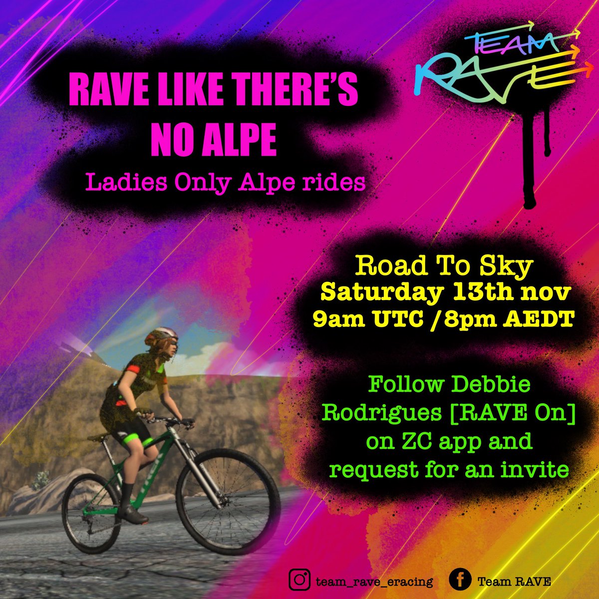 DebbieInShape's tweet photo. Ladies of @GoZwift , we have an appointment tomorrow. Come and join me on #roadtosky in #watopia for another #raveliketheresnoalpe . Let’s party together! 🎉 #rideon https://t.co/VsfNXTbYA1